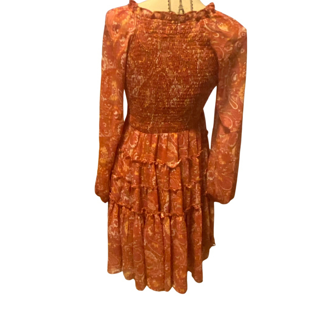 Women's Jacquie the Label Boho Fall Paisley Tencel Smocked Dress, Small, Orange - Picture 2 of 10